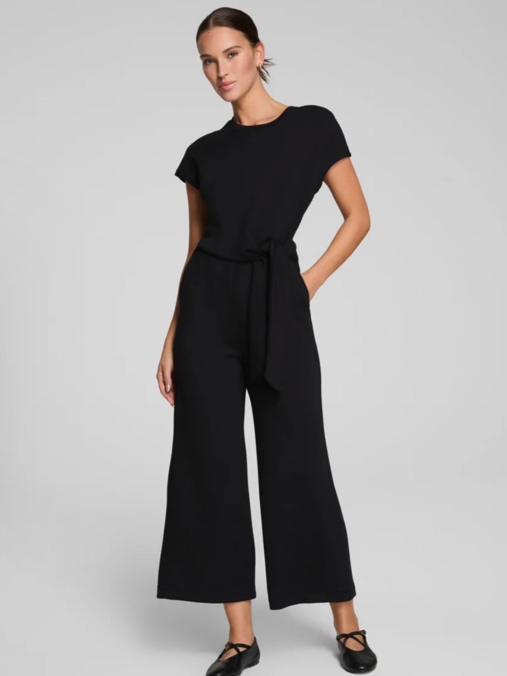 Spanx Air Essentials Tie Waist Jumpsuit Very Black Wide Leg Cropped Open Back M